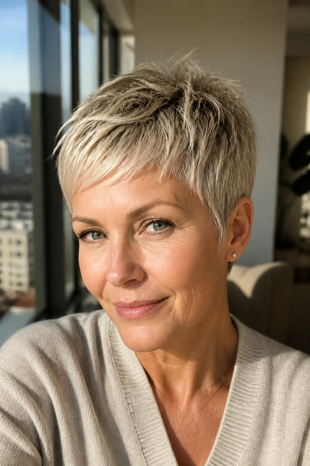 Portrait of a woman with micro-layer crop hairstyle in bright interior