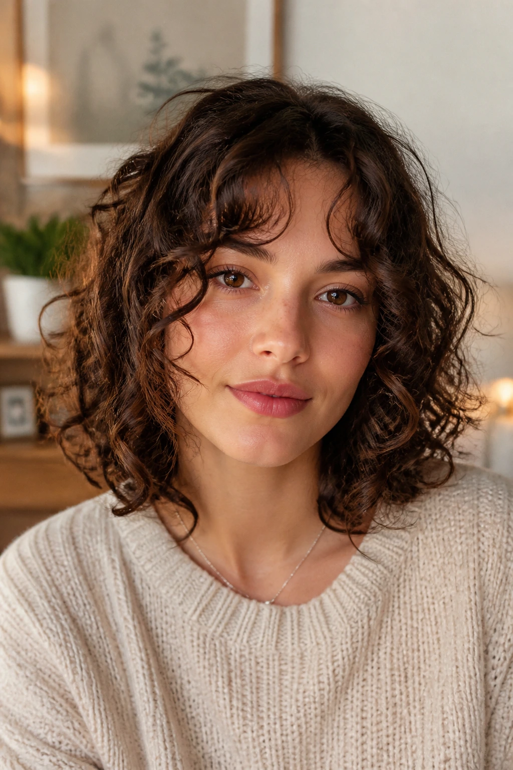 Close-up of a real person showing micro-layers around the face in curly hair