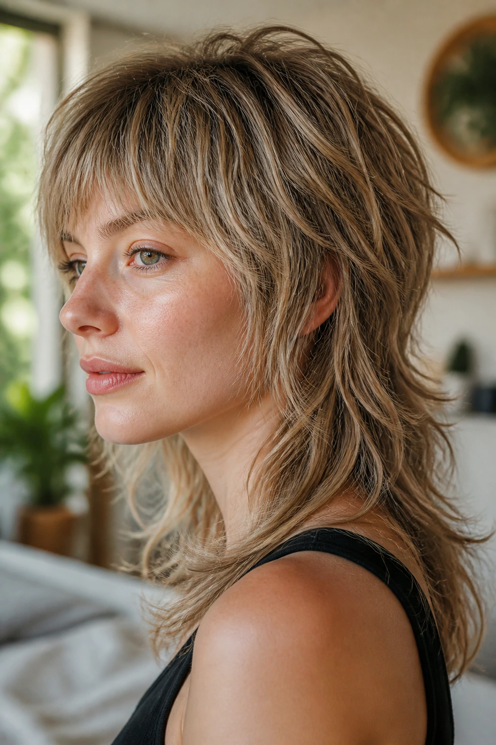 Close-up portrait of a real person with Featherlight Layered Mullet with Micro Layers