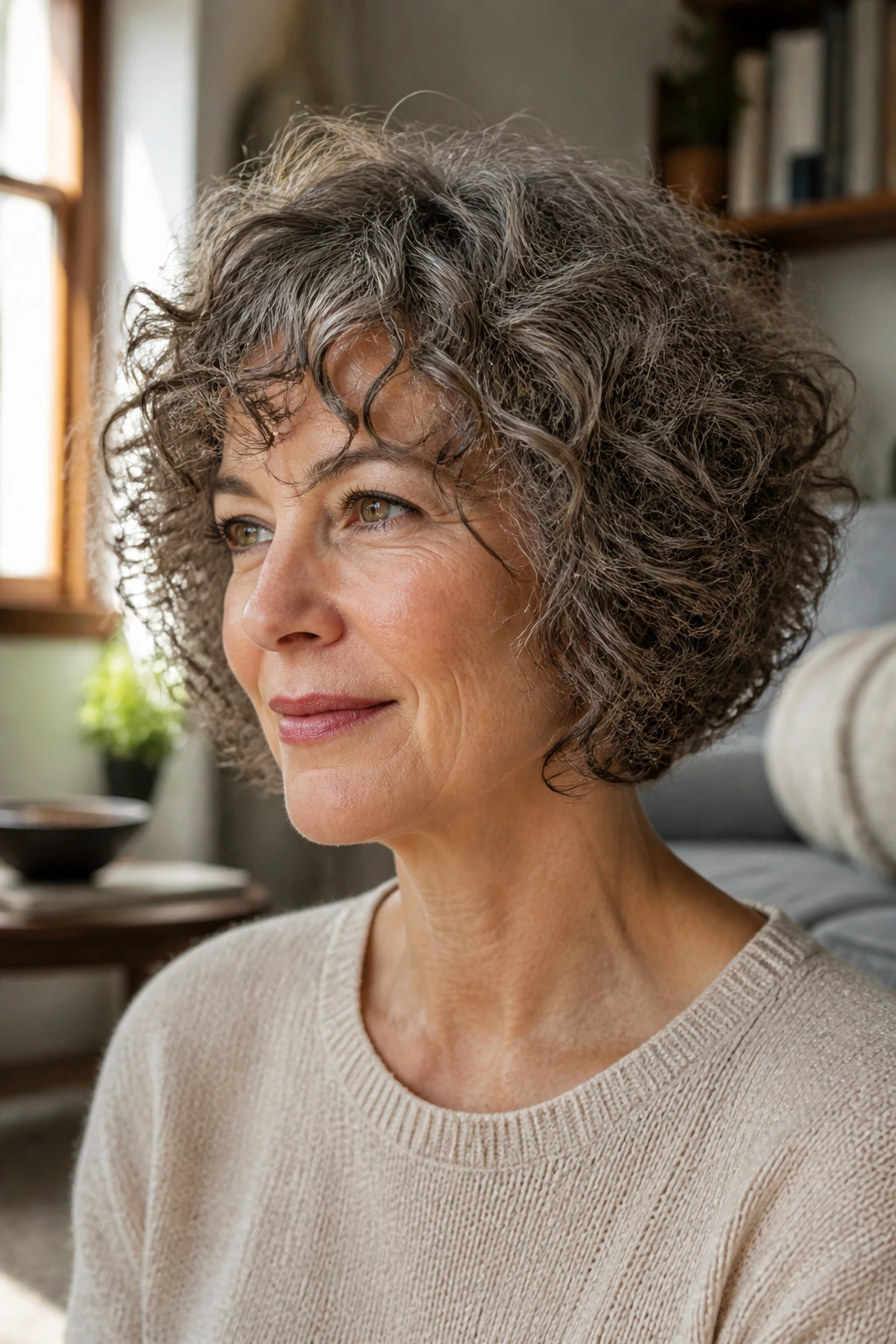 Close-up portrait of a real woman with micro-layered curly bob for fine hair.