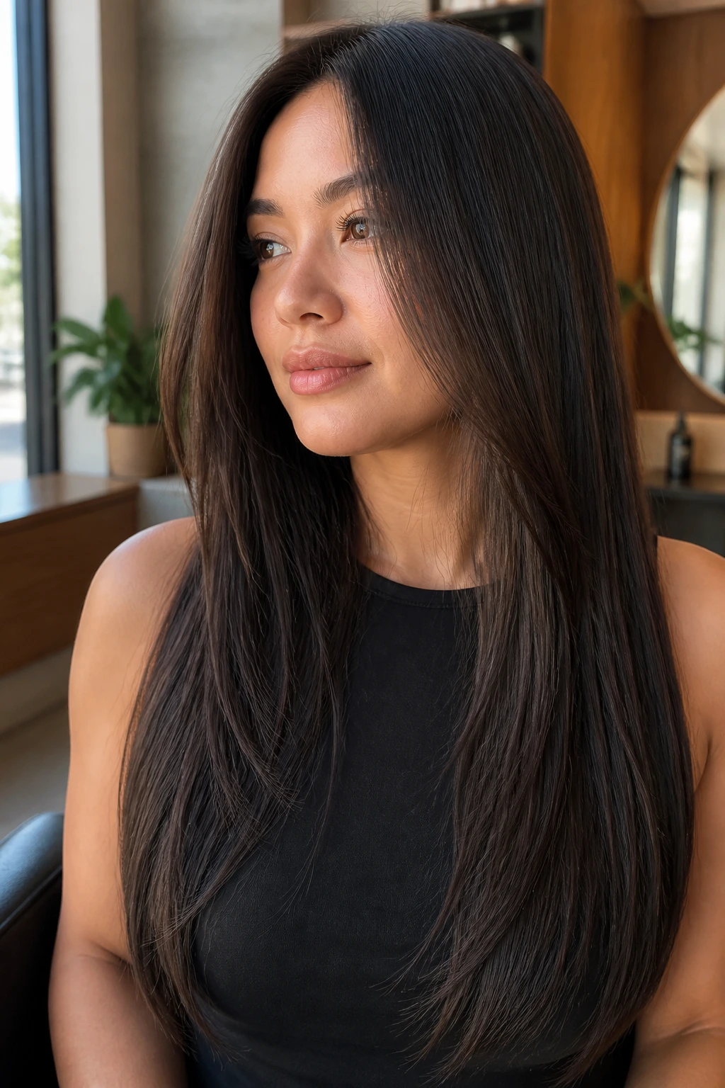 Close-up of real woman's long straight hair with micro layers
