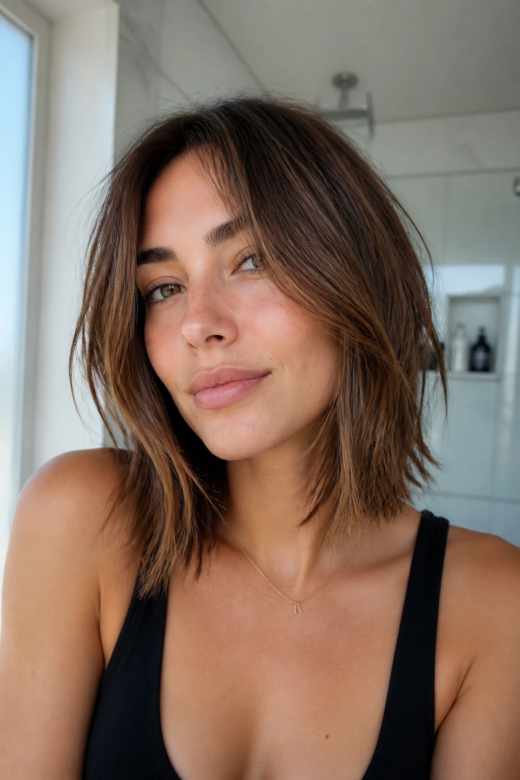 Close-up of a real woman with a piecey lob and micro-layers at collarbone length.