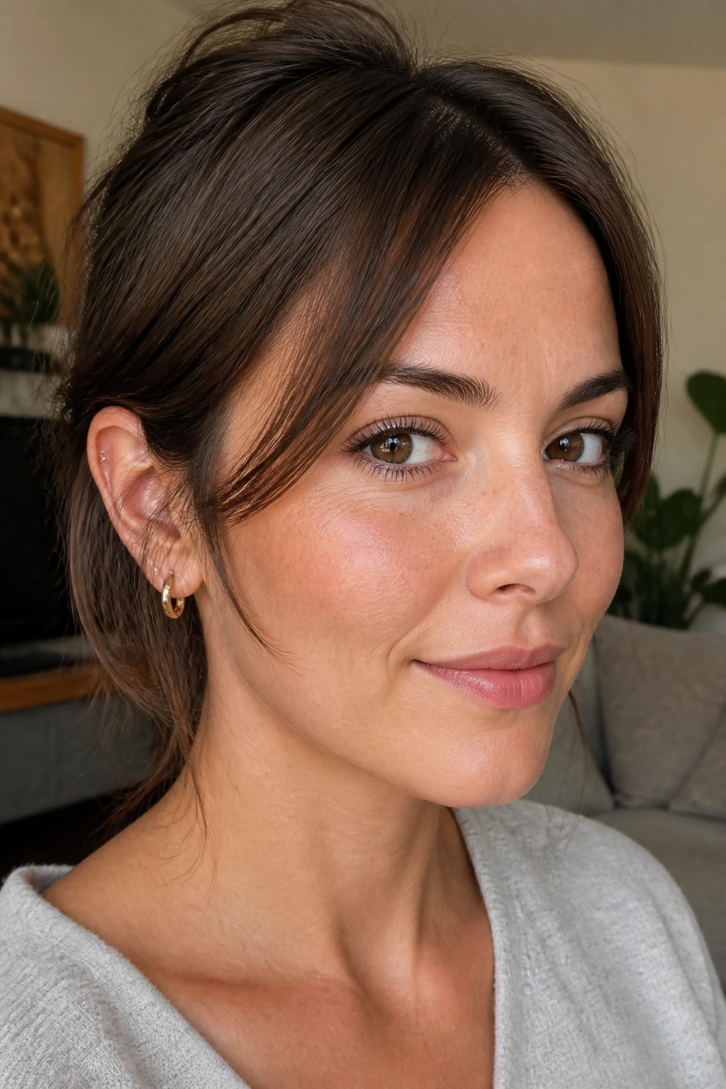 Close-up of a real woman with micro-layer pieces at the temples softening the face