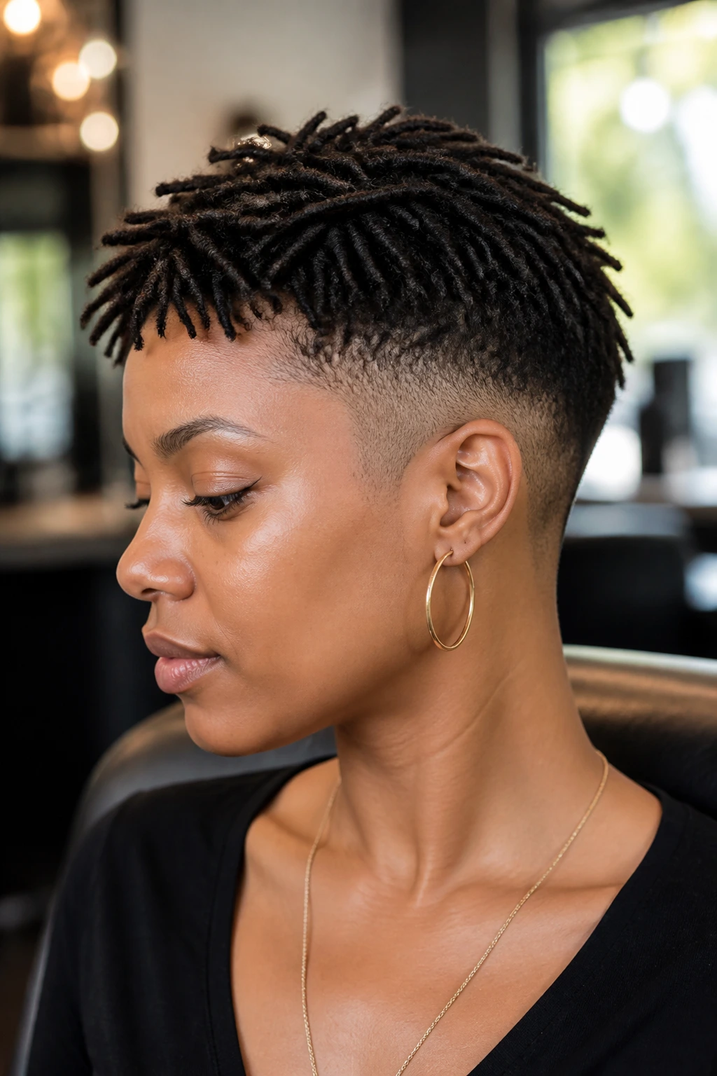 Close-up portrait of a real woman with micro locs and a side fade in a cozy salon