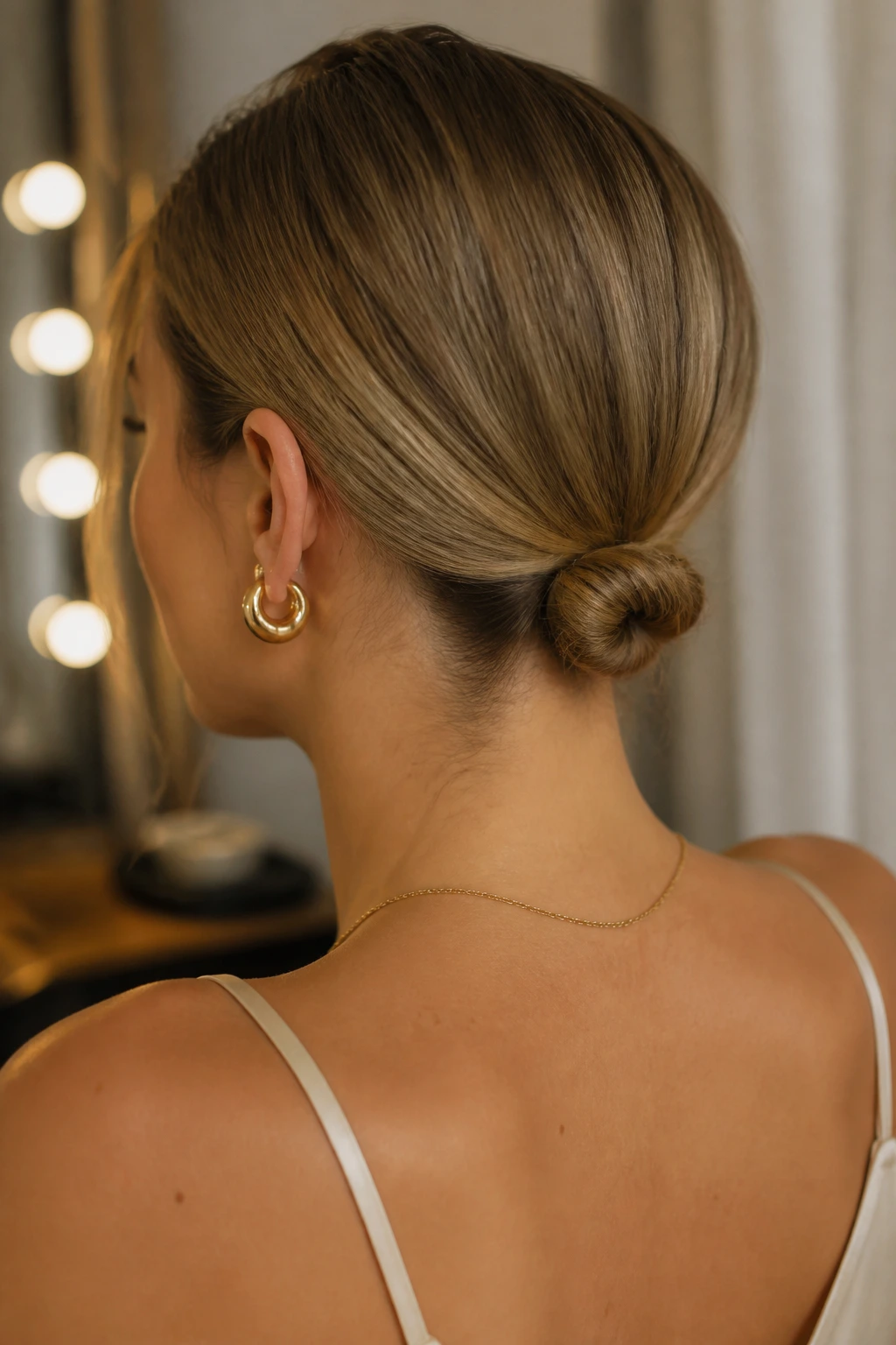 Close-up of a chin-length bob with a micro low bun at the nape