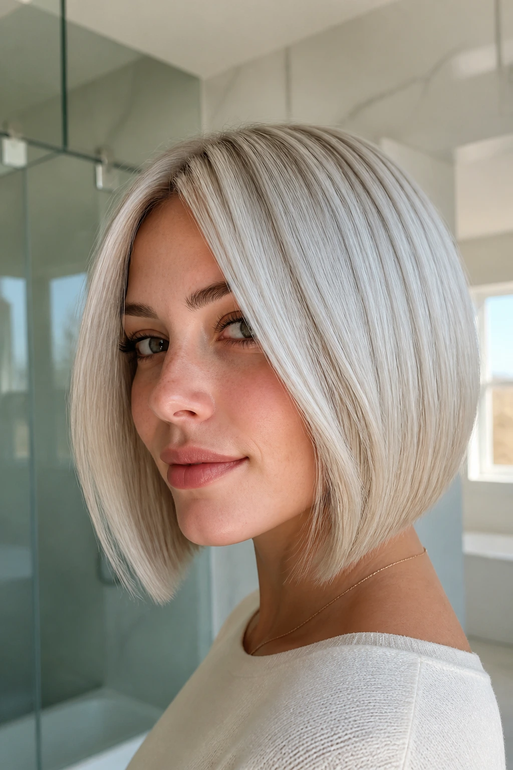 Close-up of a real woman with a platinum bob and micro-lowlights