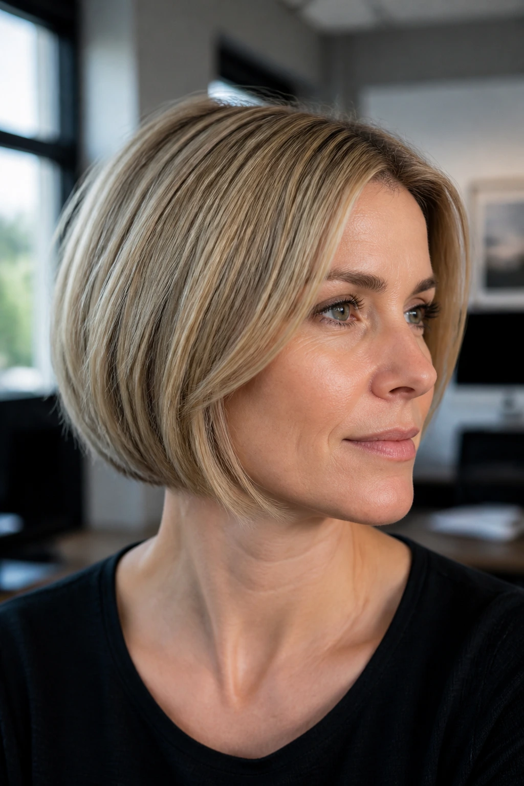 Close-up of a real person with micro-lowlight sandy bob.
