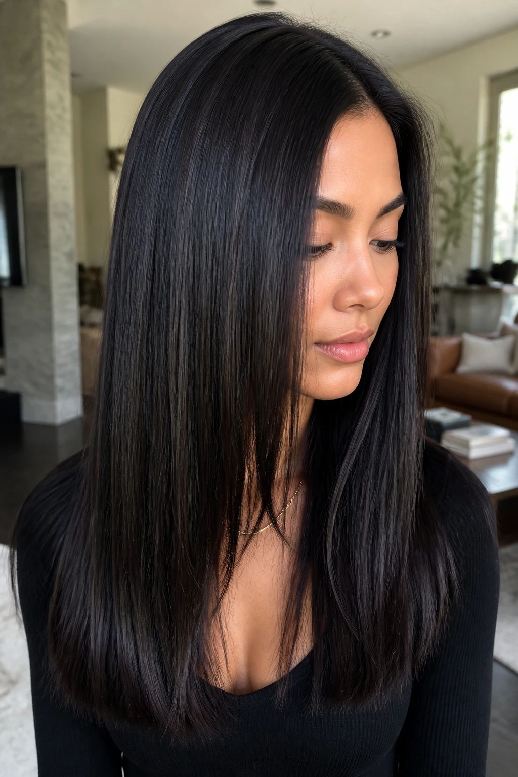 Close-up of straight hair with satin black micro-lowlights for subtle depth