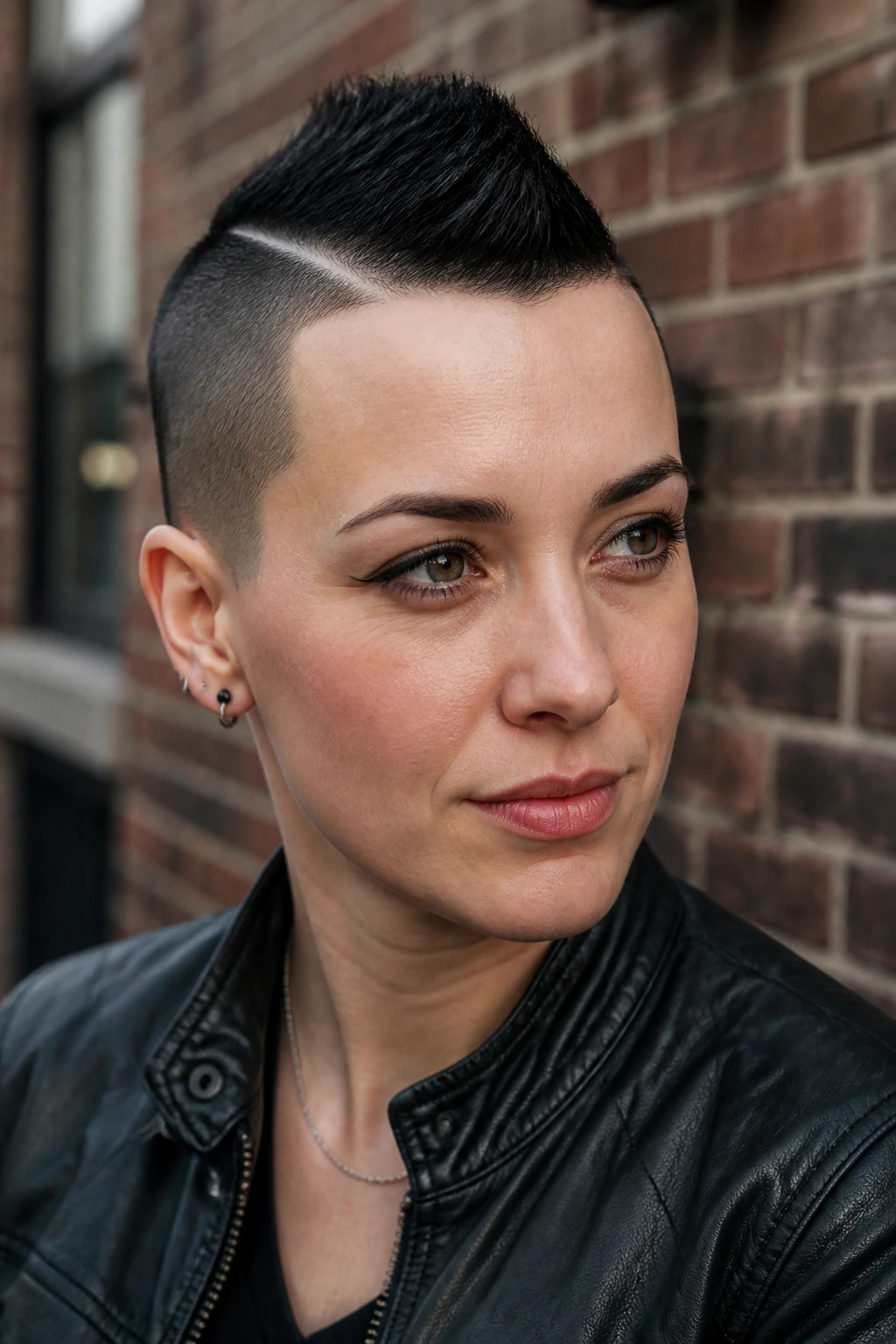 Close-up portrait of a real person with a micro mohawk crisp edges on a street