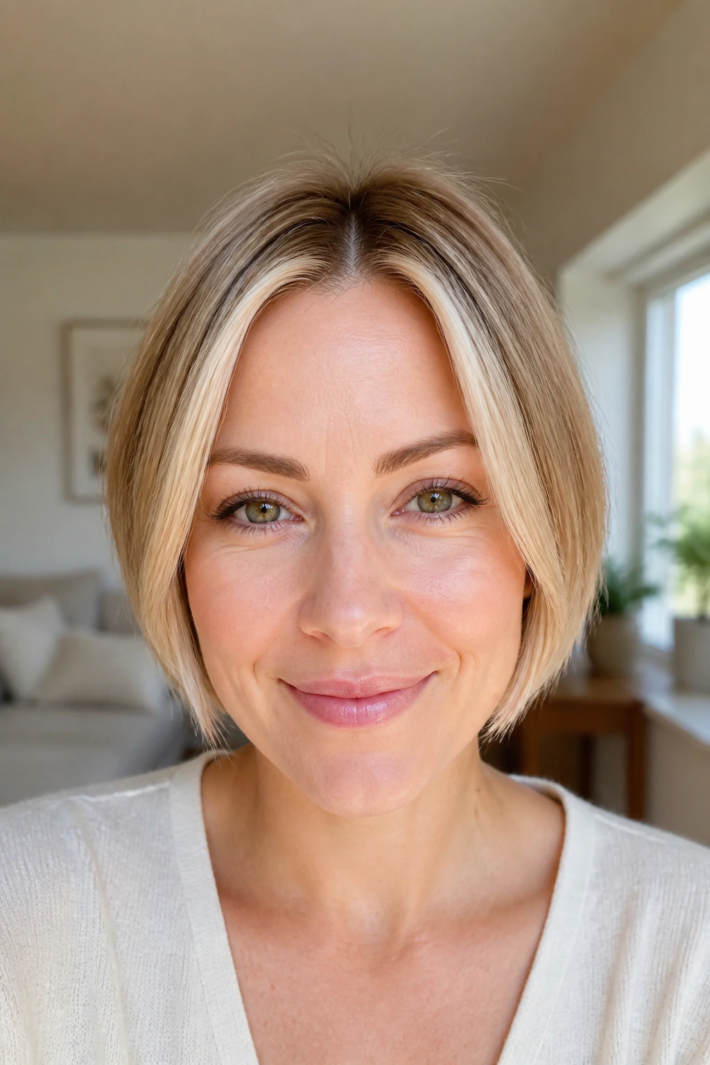 Close-up of a real woman with micro money pieces on a fine blonde bob