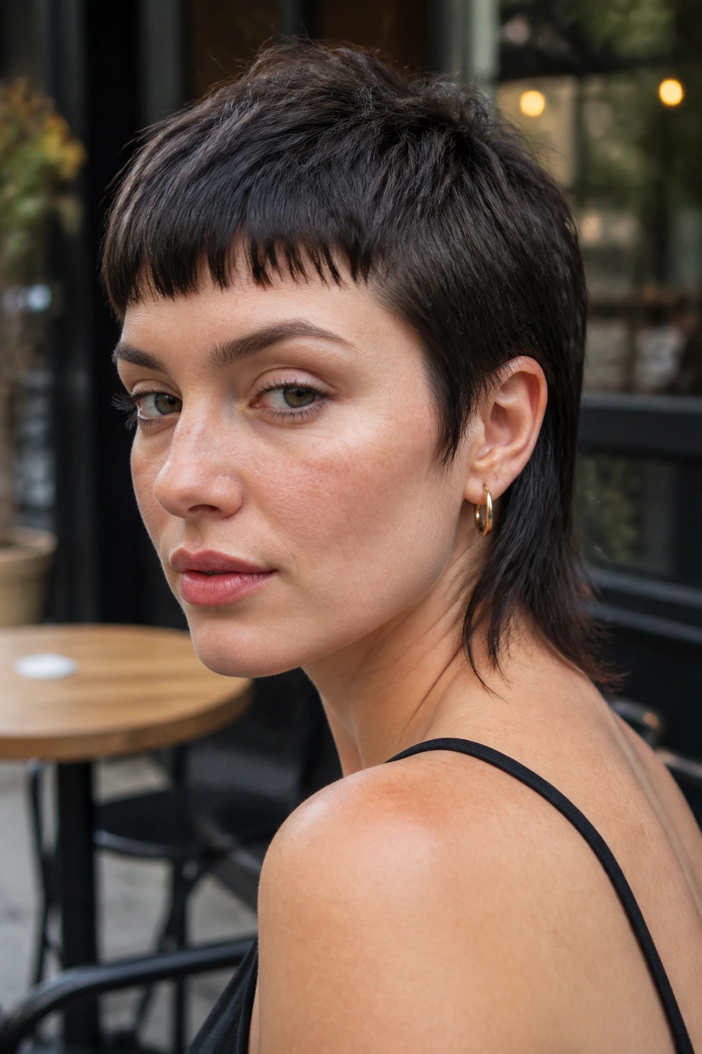 Portrait of a woman with micro mullet and choppy fringe.