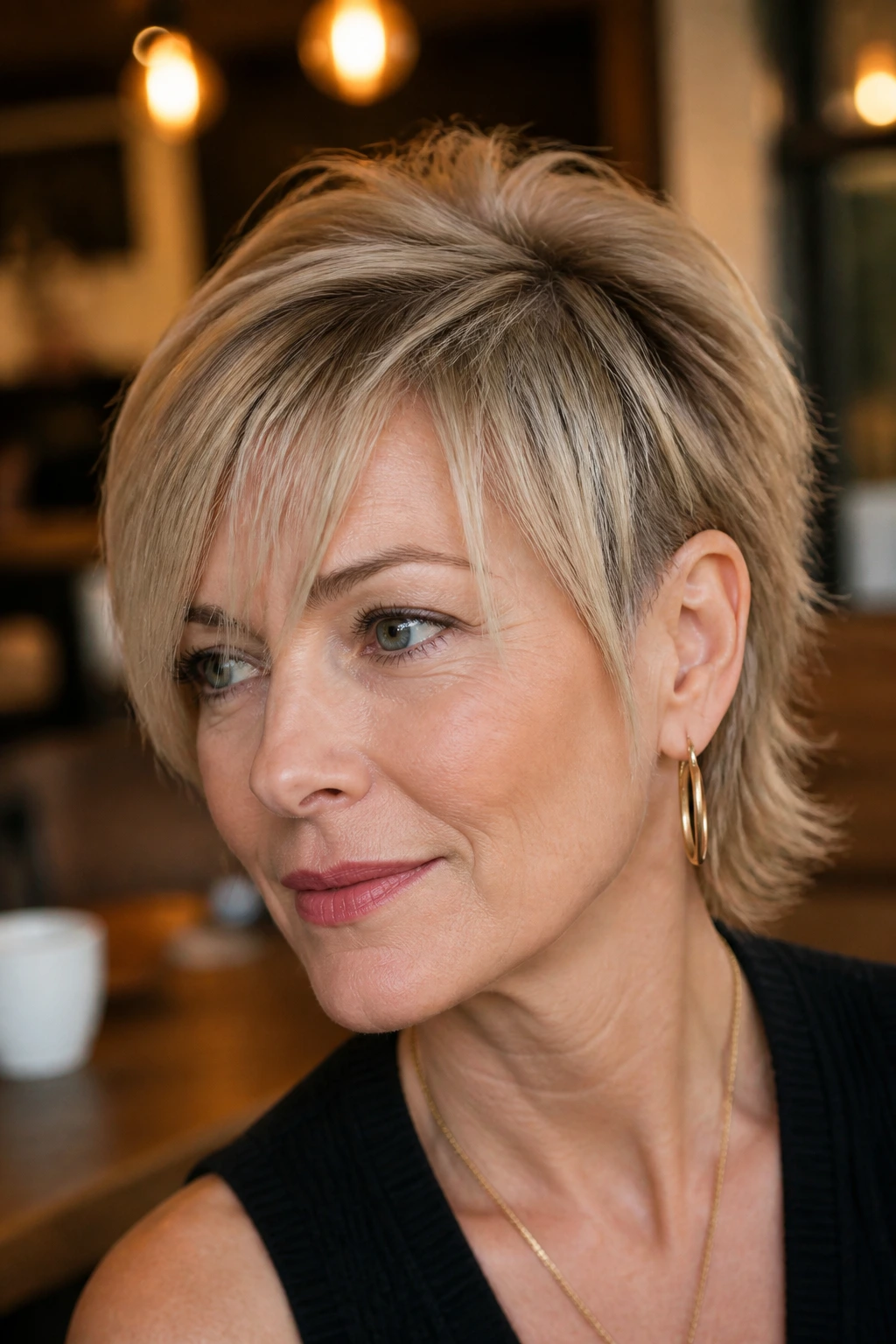 Close-up of a real woman with micro mullet and long fringe in a cafe