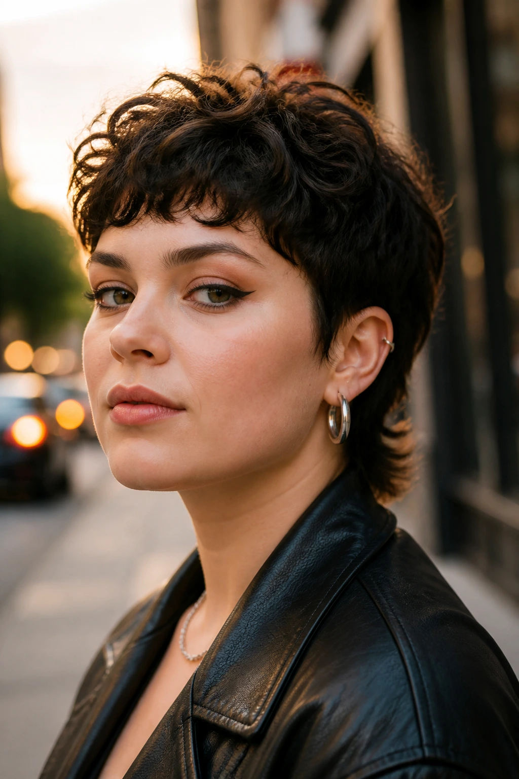 Close-up of a real person with a micro mullet pixie cut
