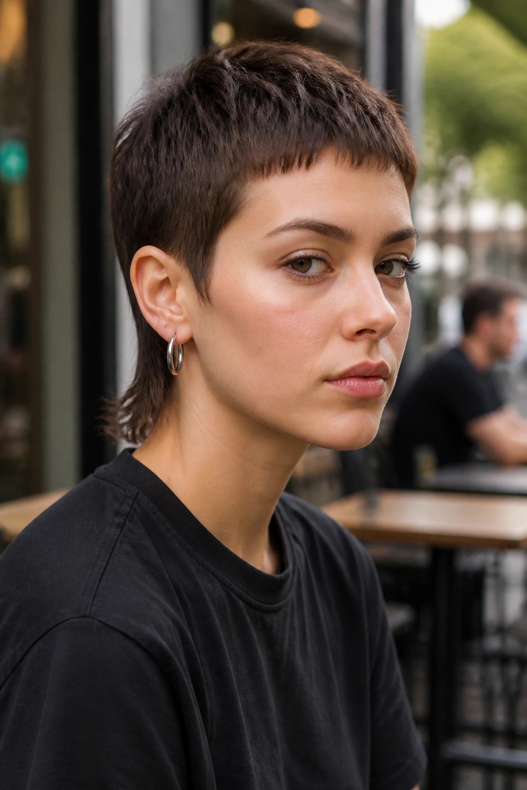 Real woman with micro mullet close-up portrait showing cropped top and small tail