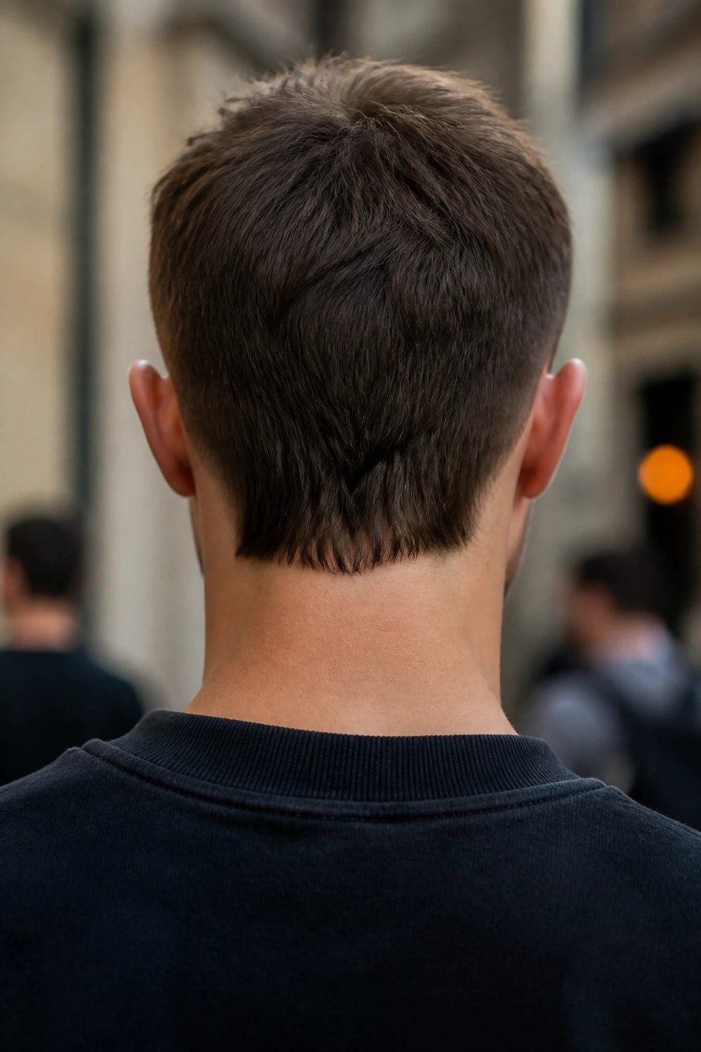 Back-of-head portrait of person with micro mullet and sharp nape
