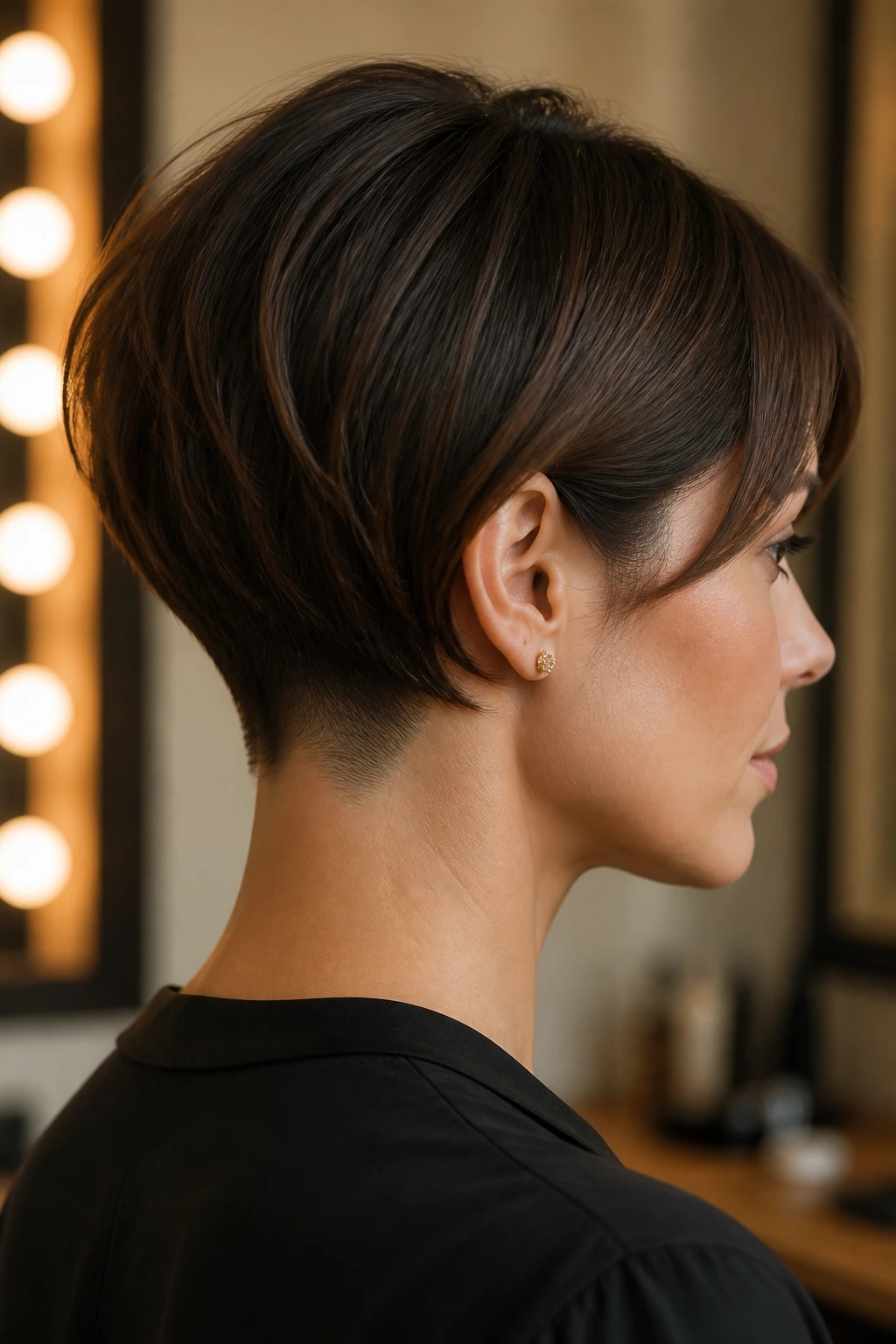 Portrait of a person with a cropped micro nape bob in a chic dressing room