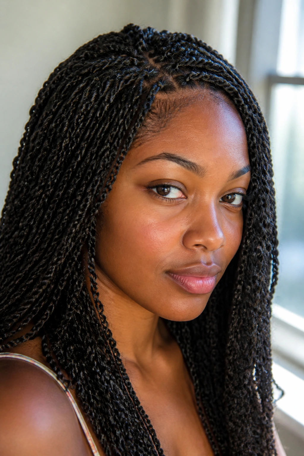 Close-up portrait of a real person with micro passion twists filling the frame