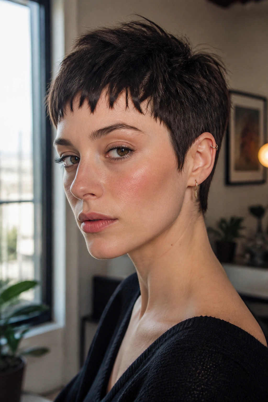 Close-up portrait of a real woman with a micro pixie and choppy fringe in natural window light