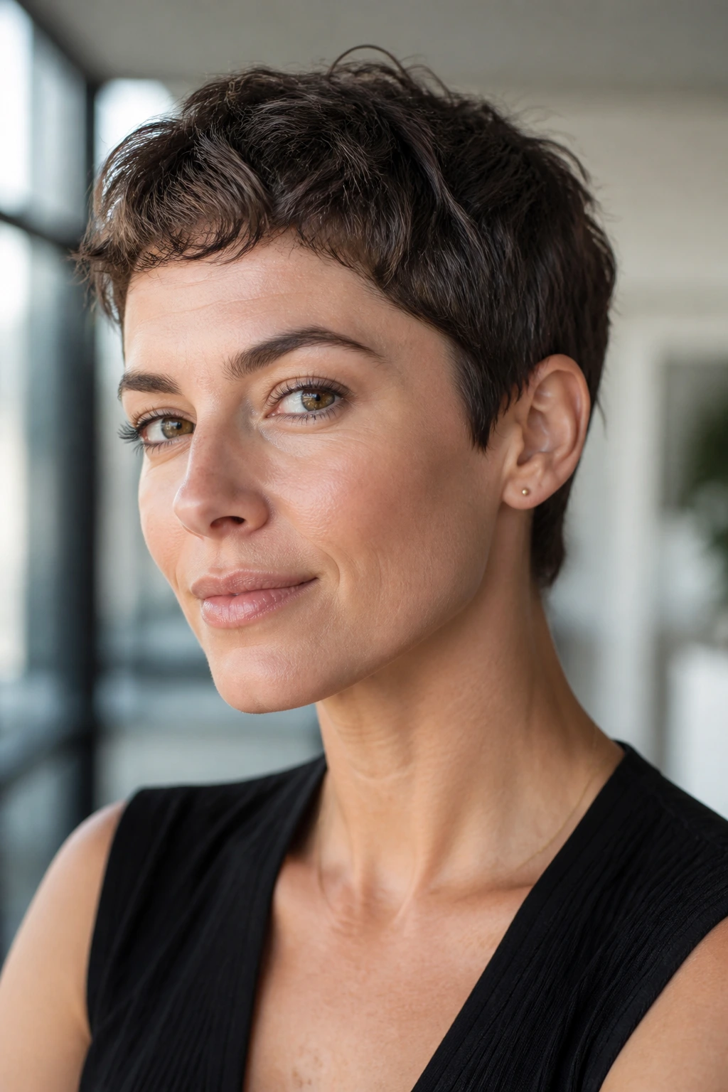 Close-up portrait of a real woman with micro pixie crop hairstyle