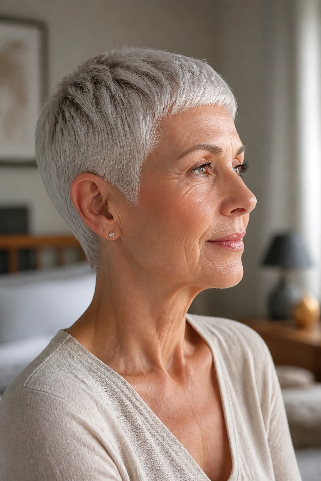 Portrait of a woman with an elegant micro pixie haircut.