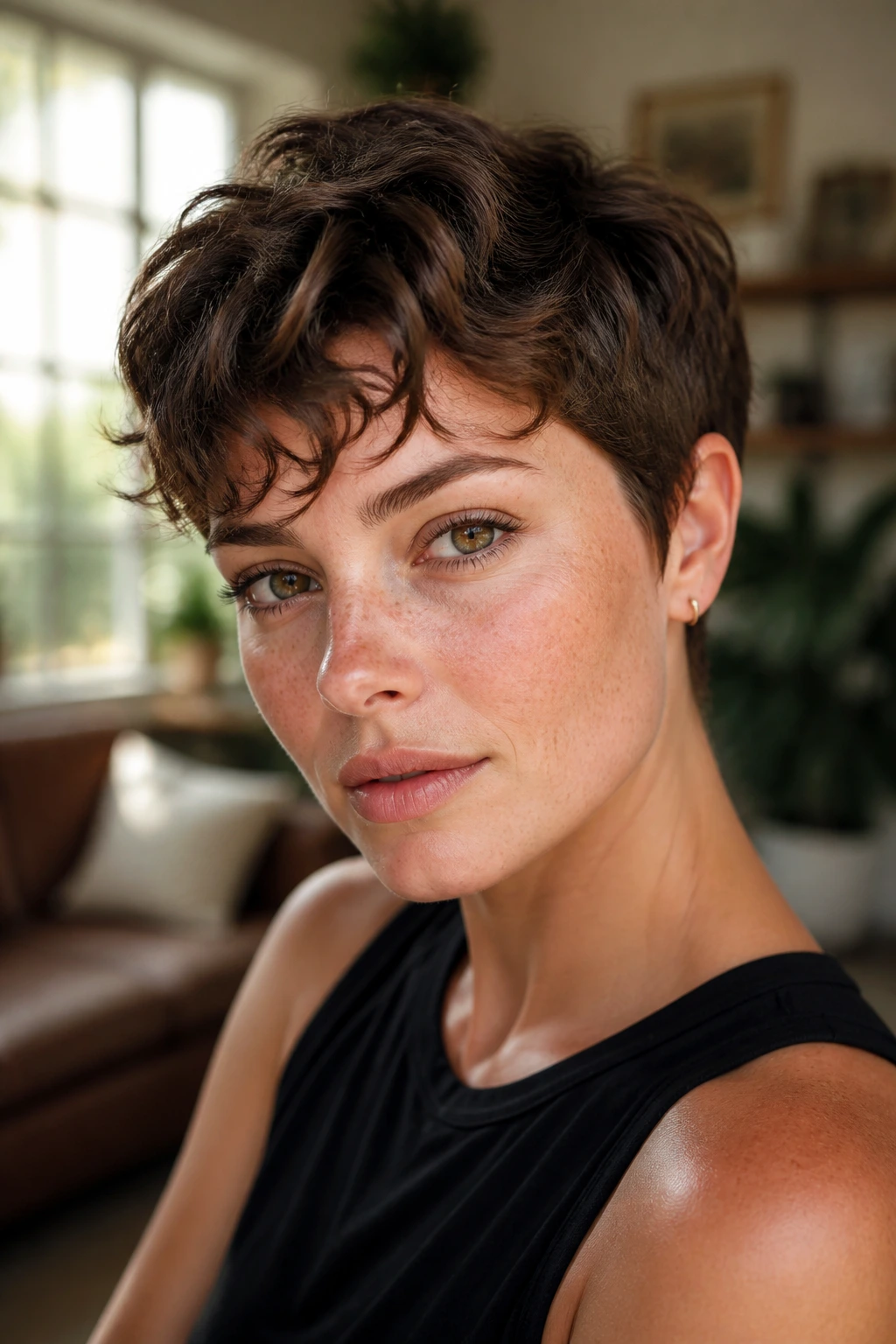 Close-up portrait of a real person with micro pixie and airy S-curve fringe