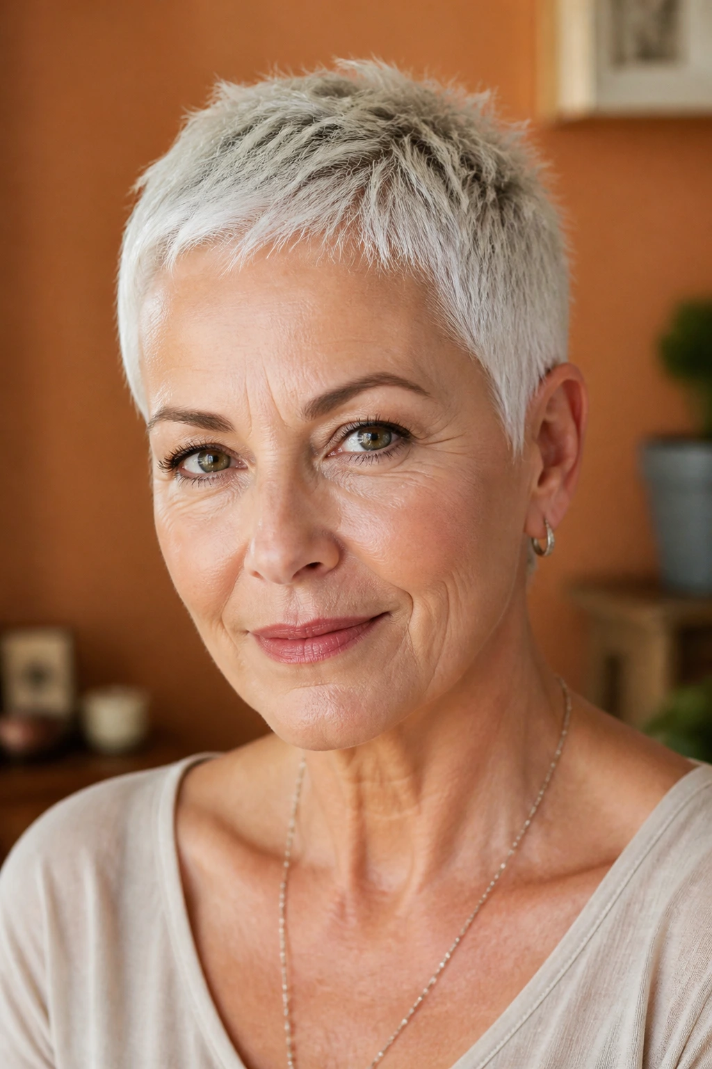 Close-up portrait of a real woman with a micro pixie haircut showing a clean silhouette