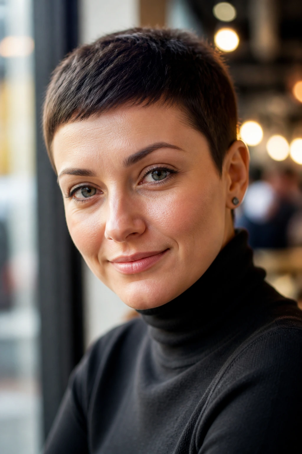 Close-up portrait of a real person with micro pixie under bright cafe light.