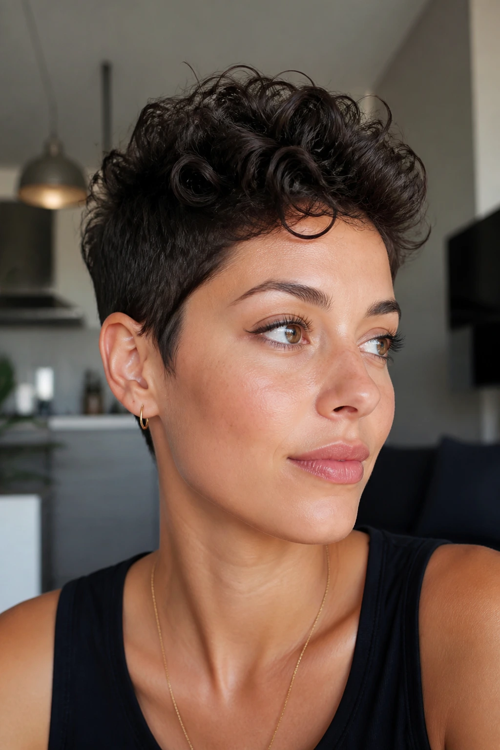 Close-up of a real person with micro pixie haircut showing lift at the crown.
