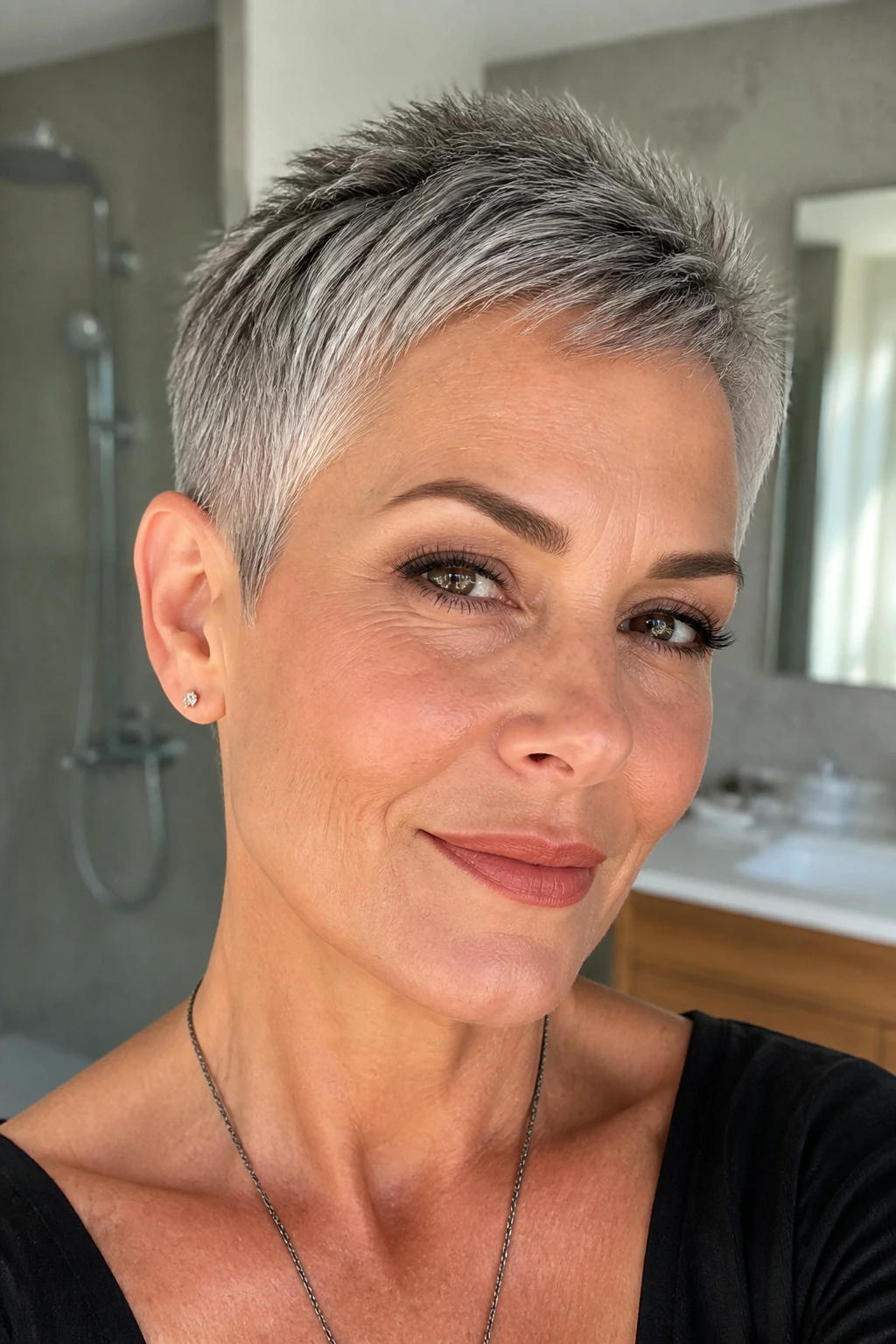 Portrait of a real woman with a micro pixie haircut in a bright bathroom