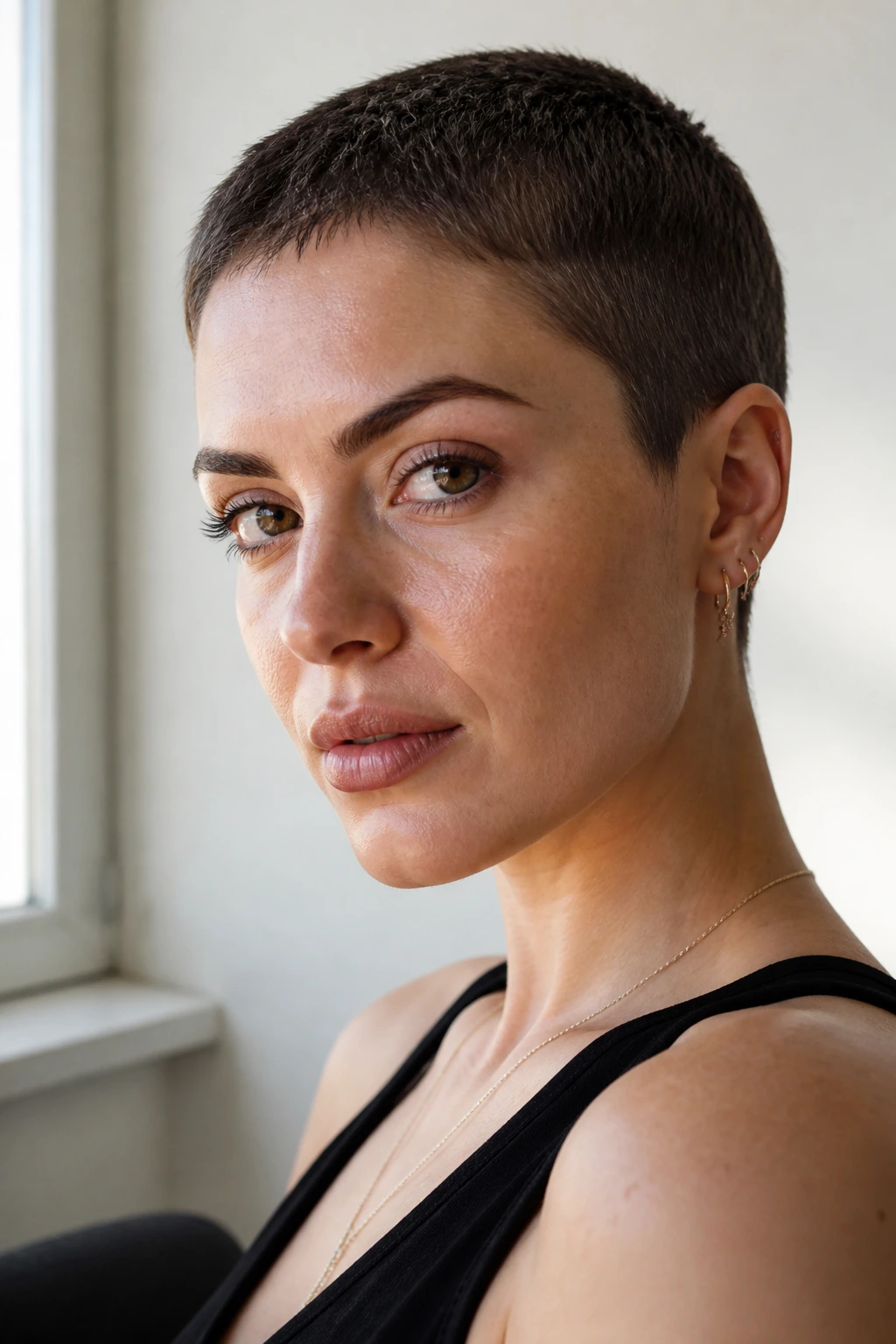 Close-up of a real woman with a micro pixie haircut in a bright room.