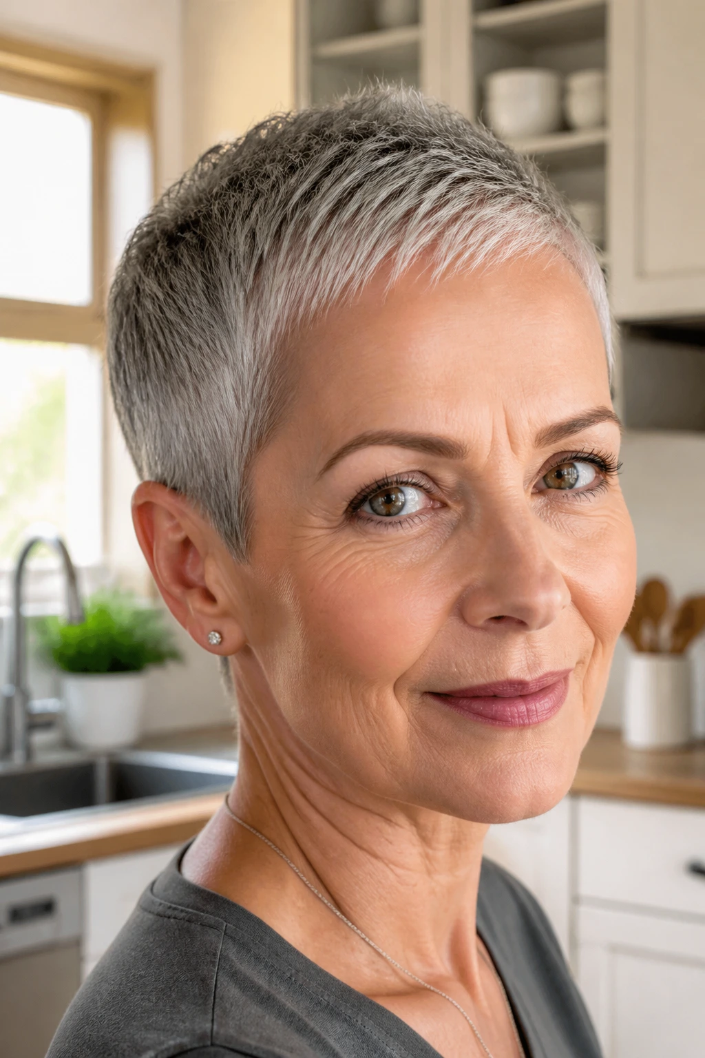 Portrait of a real woman with micro pixie hairstyle showing sharp, architectural short cut