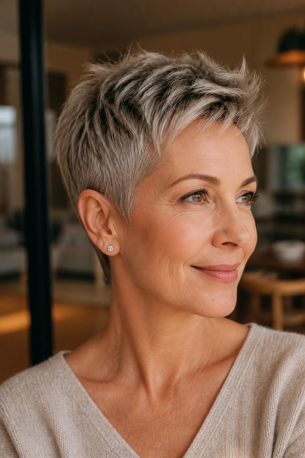 Portrait of a woman with micro pixie haircut and soft edges