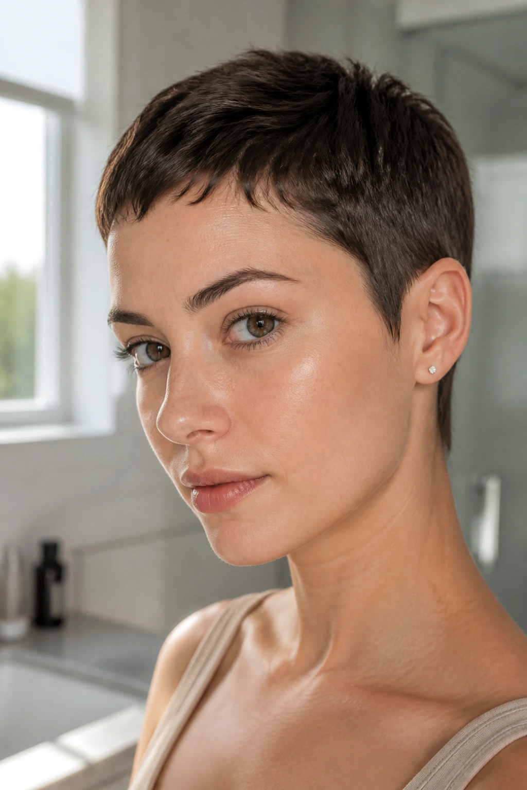 Close-up portrait of a real person with micro pixie and gentle edges