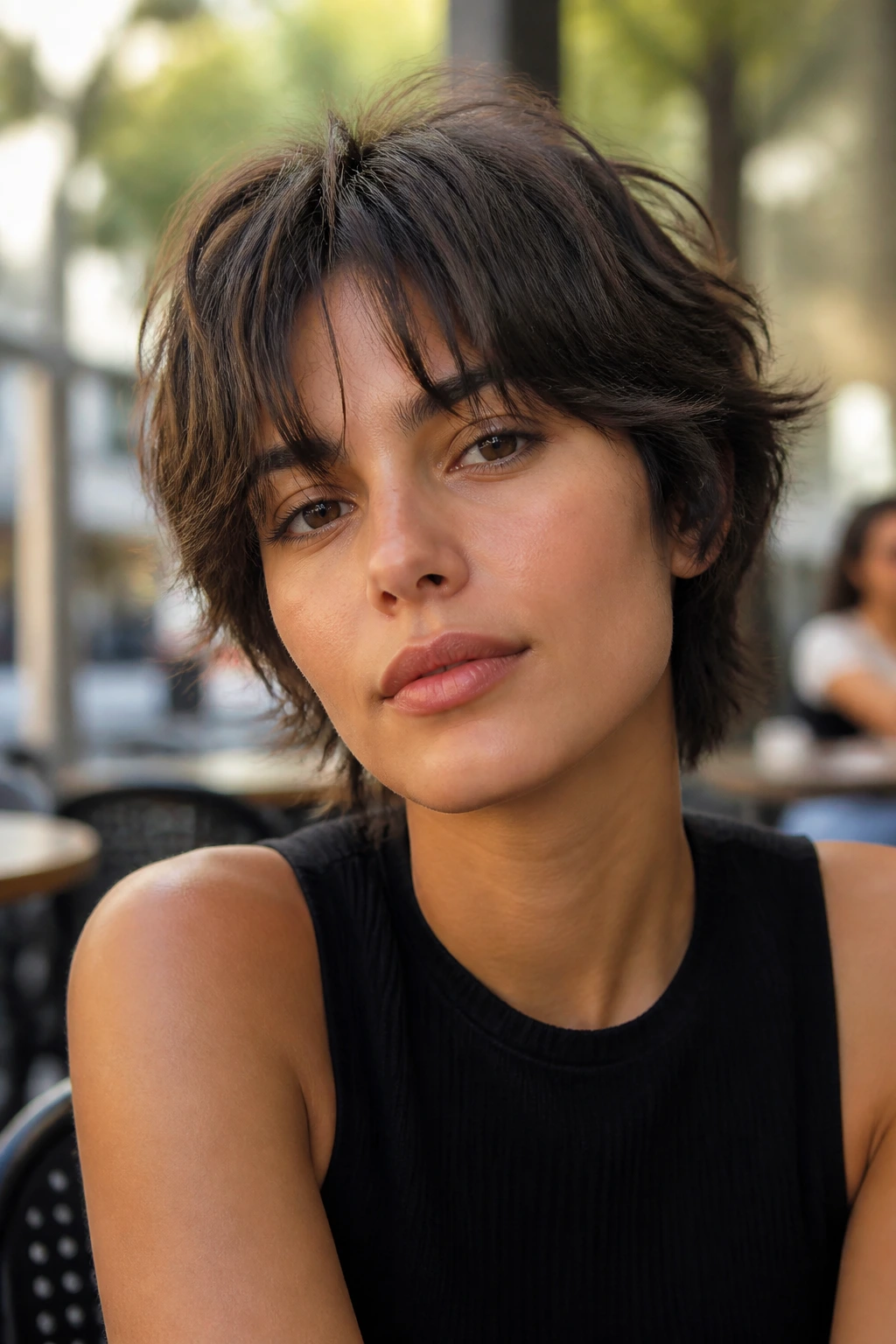 Portrait of a woman with micro shag and airy split fringe