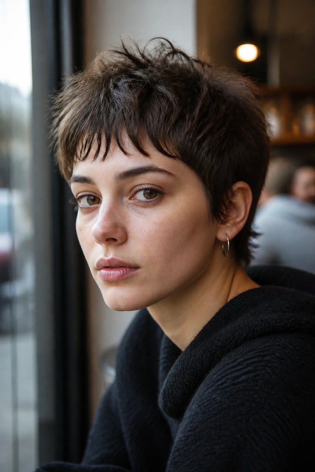 Close-up of a real woman with Micro Shag Crop and textured crown in daylight