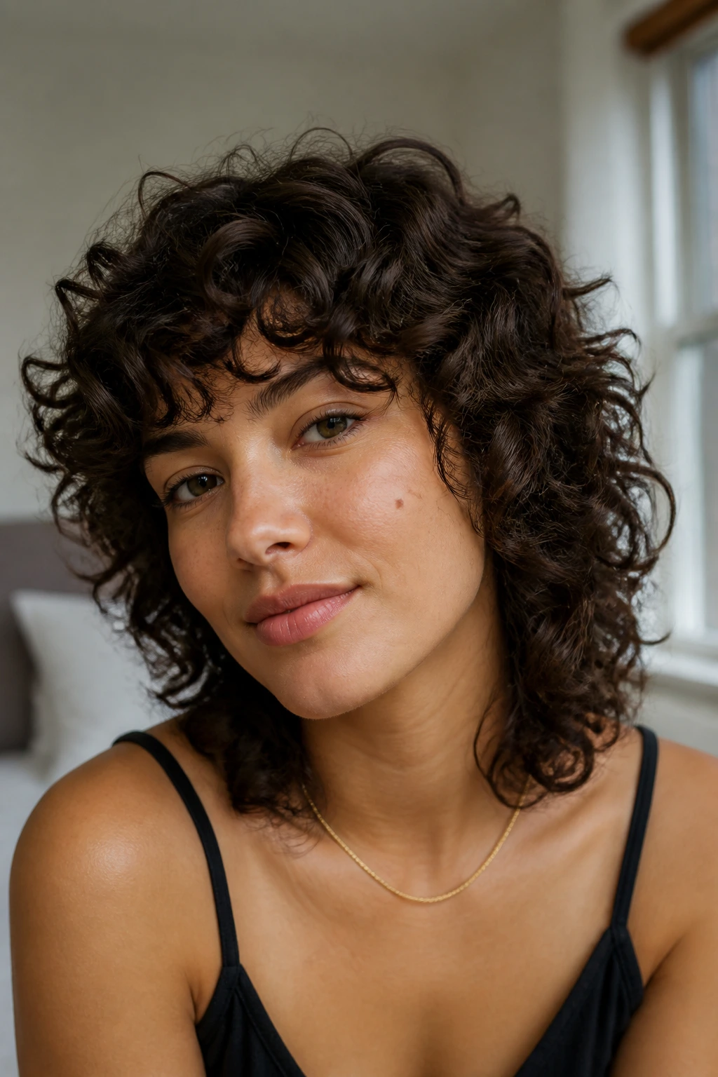 Close-up of a real woman with micro-shag curly hairstyle and soft layered curls by a window