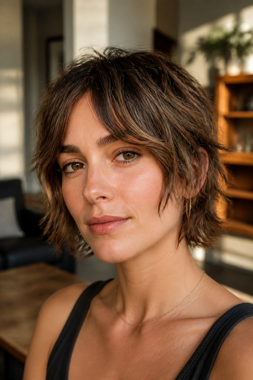 Close-up of a woman with micro shag and curtain bangs framing the cheeks