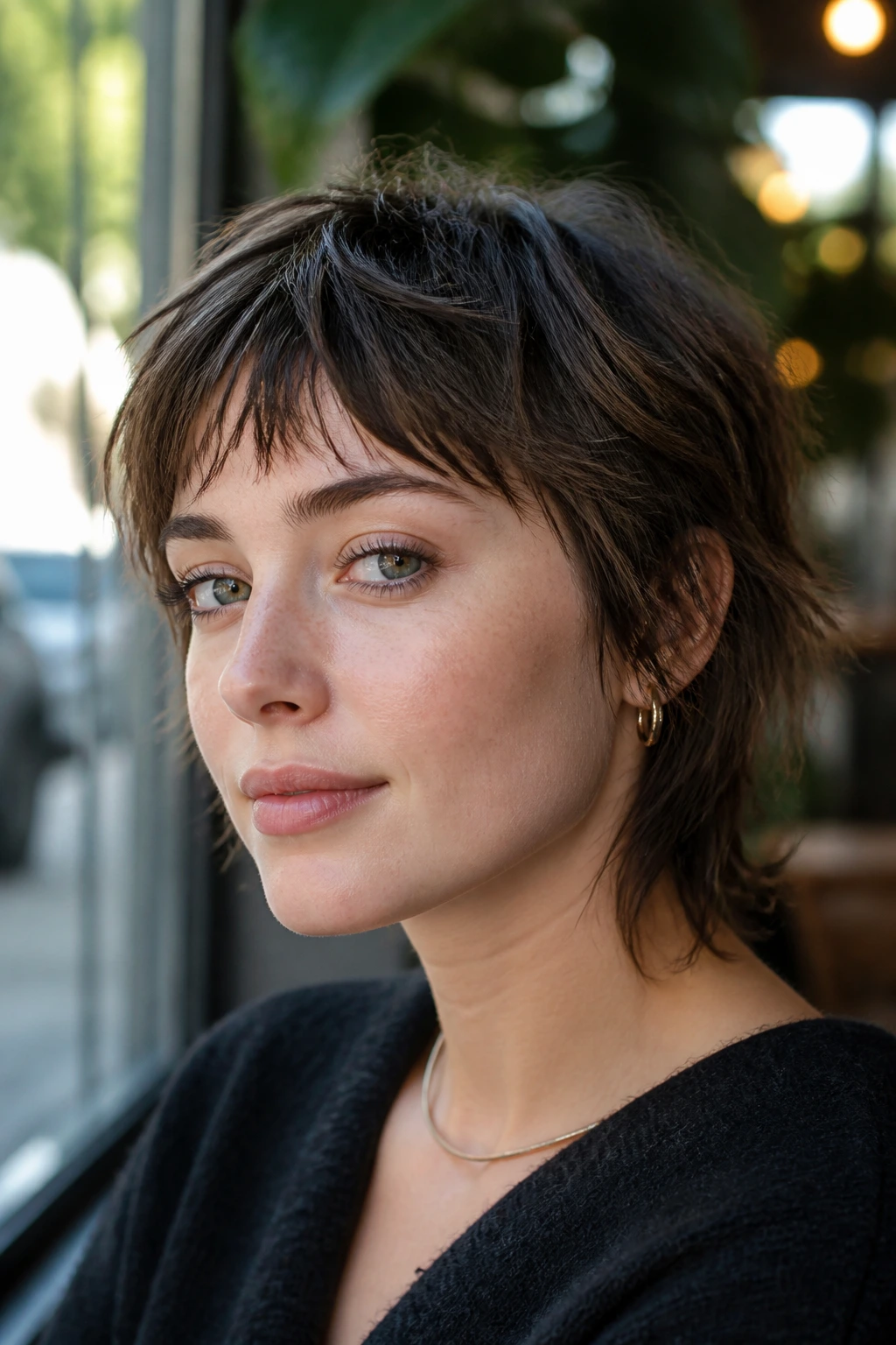 Close-up of a real person with a micro shag haircut featuring fringe above brows