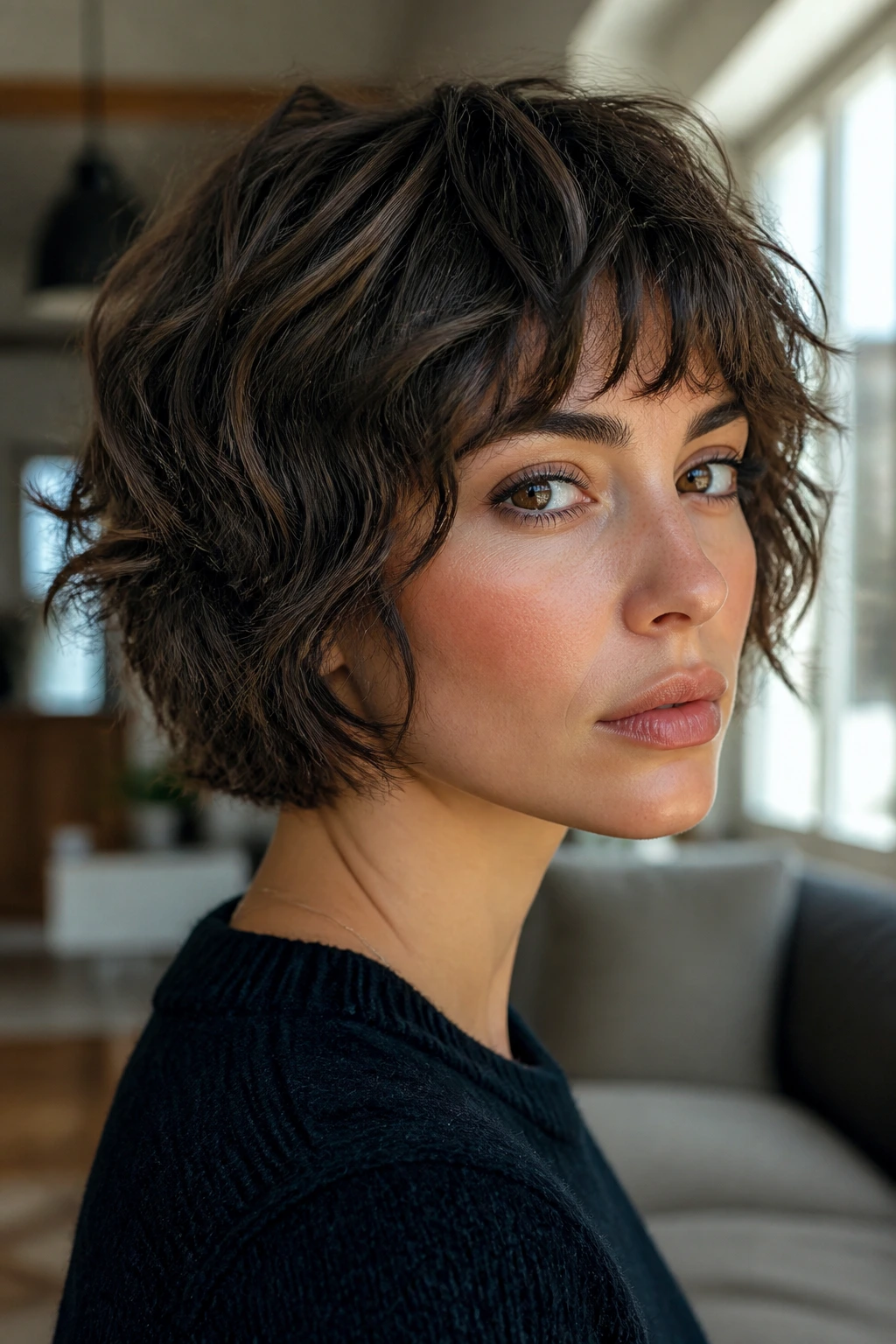 Close-up of a real woman with a micro-shag Italian bob in natural light