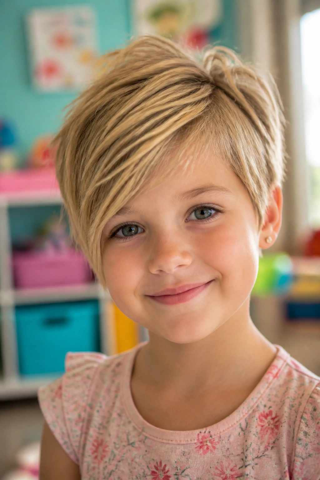 Close-up of a real child with micro-shag and side-sweep hairstyle