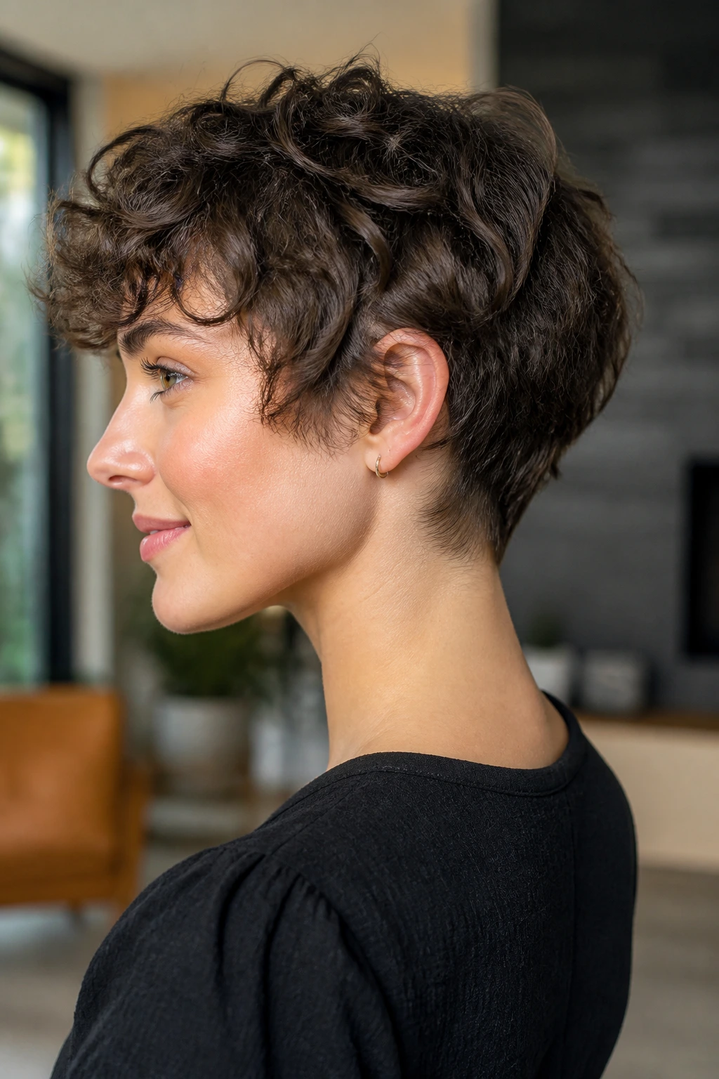 Three-quarter profile of real person with micro shag and tapered nape