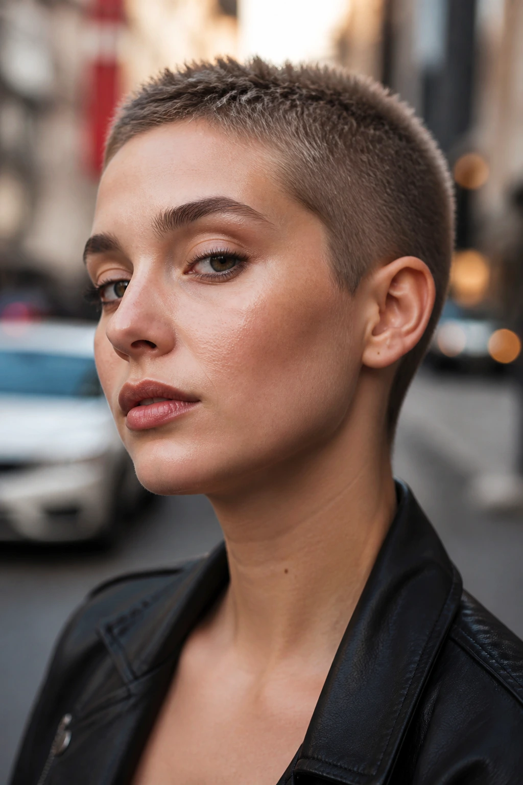 Close-up of a real woman with a micro-spike buzz hairstyle