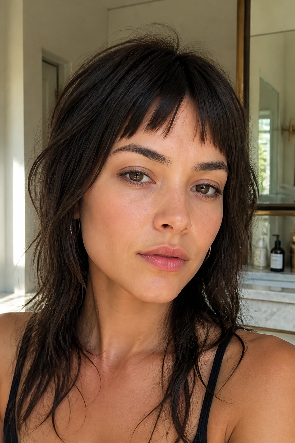 Close-up of a real woman with micro split fringe in bright bathroom light.