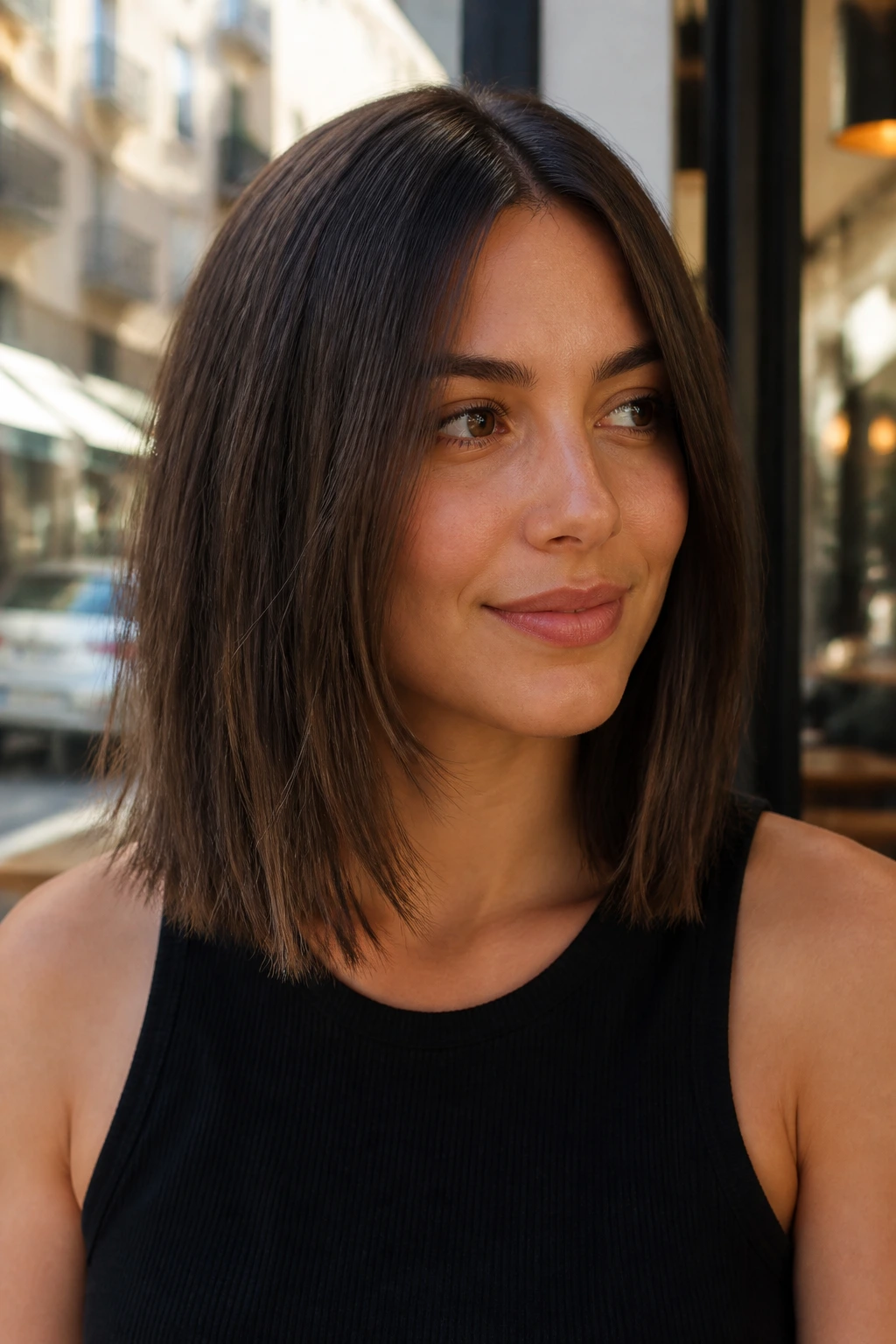 Real woman with micro-textured lob ends breaking heavy line in daylight.