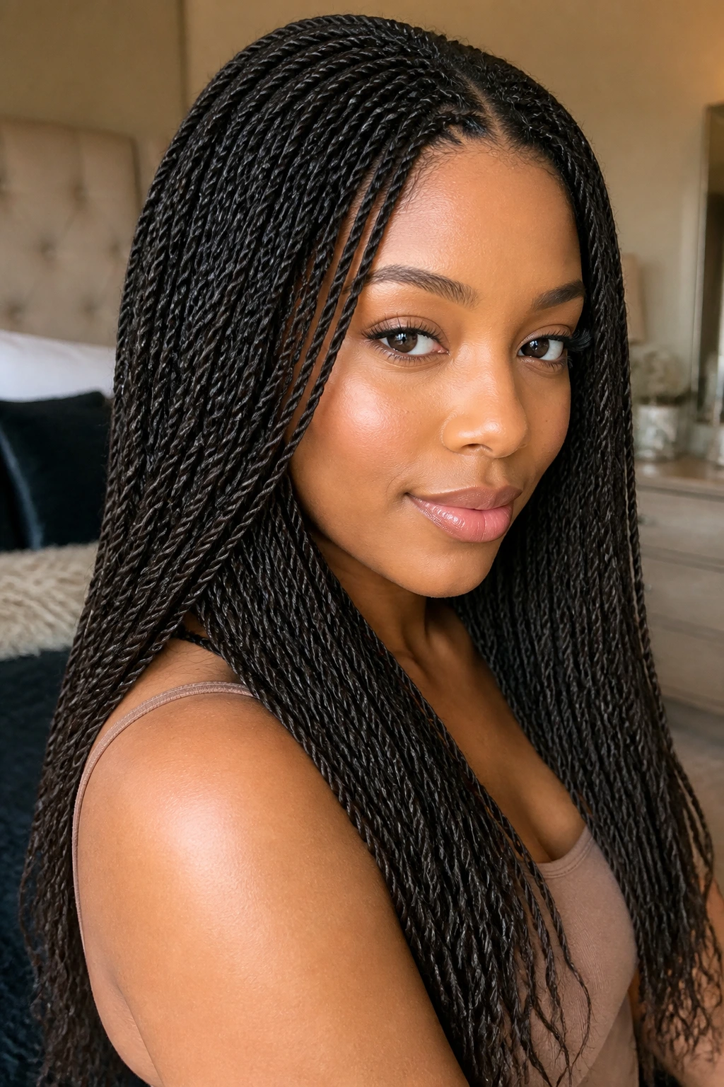 Close-up of a real woman with micro Senegalese twists and fine rope texture in warm window light