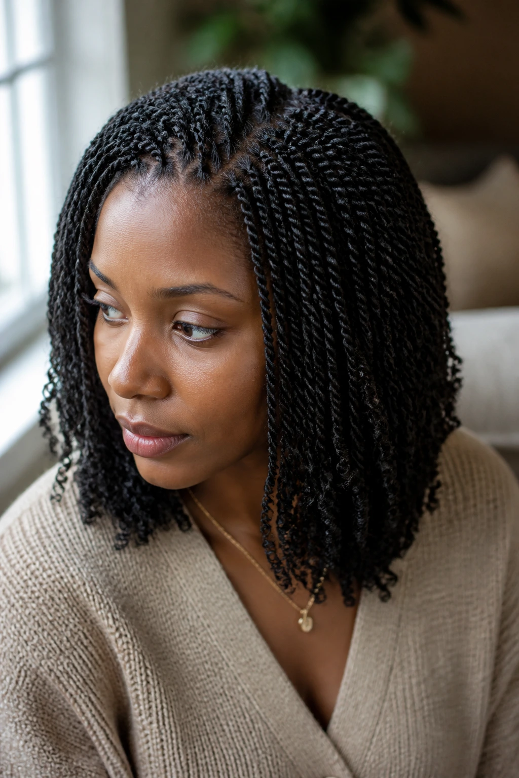 Close-up portrait of a person with micro spring twists