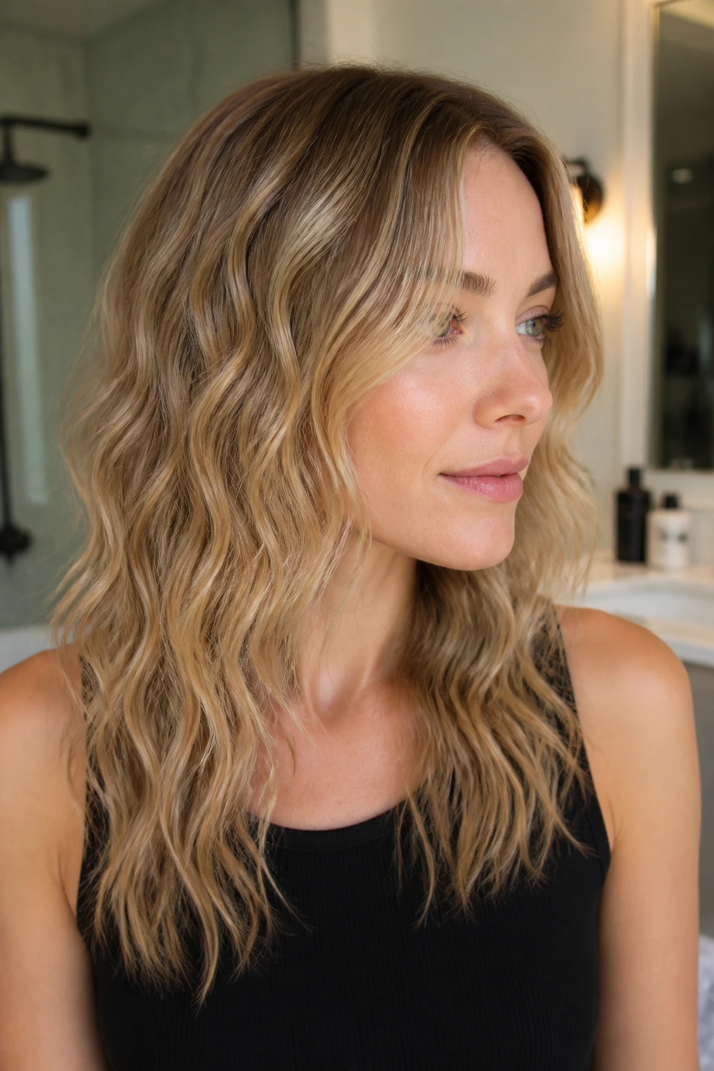 Close-up of a real woman with micro volume waves on fine hair
