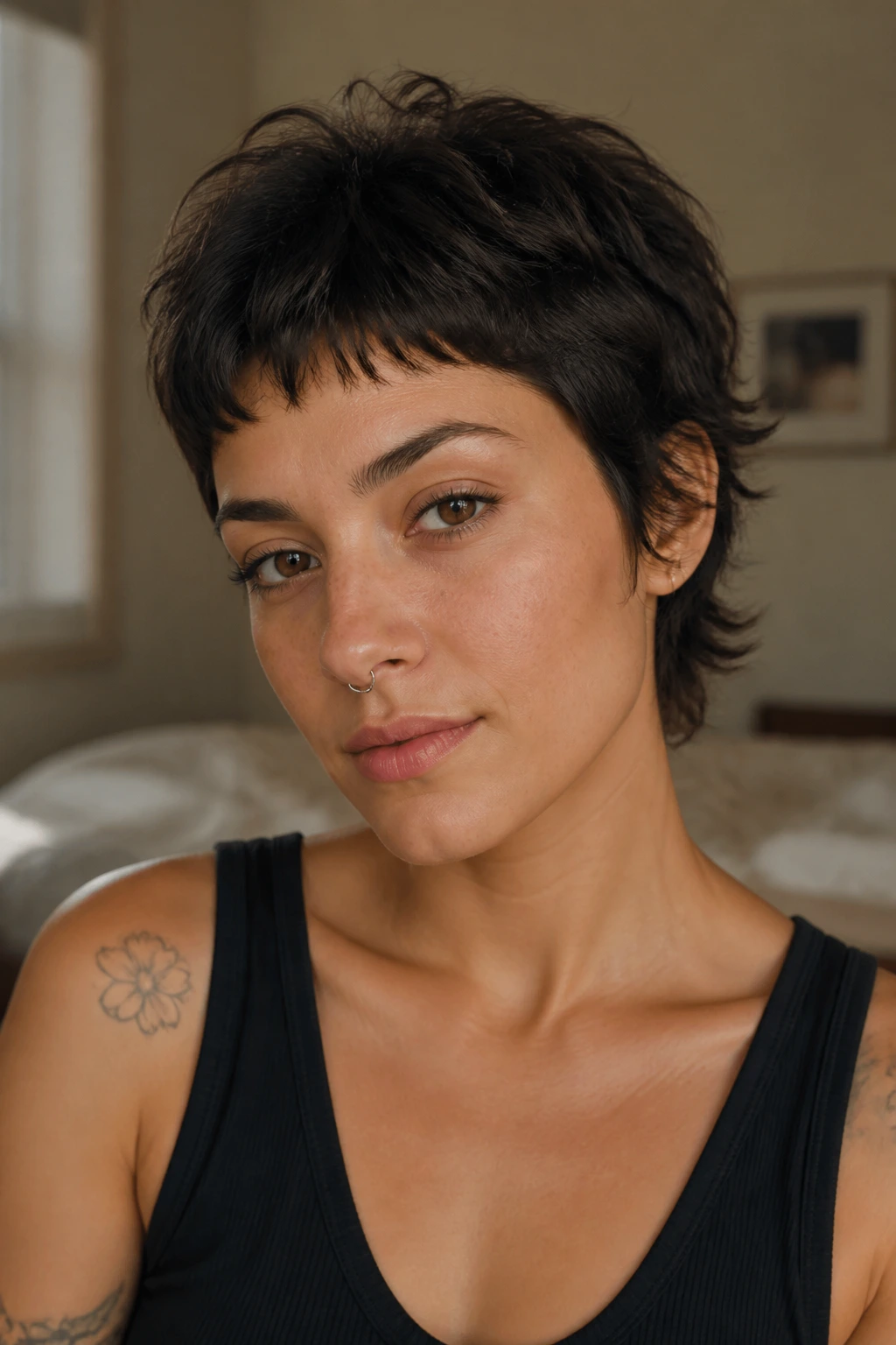 Close-up of a real person with micro wolf cut and baby bangs under warm window light