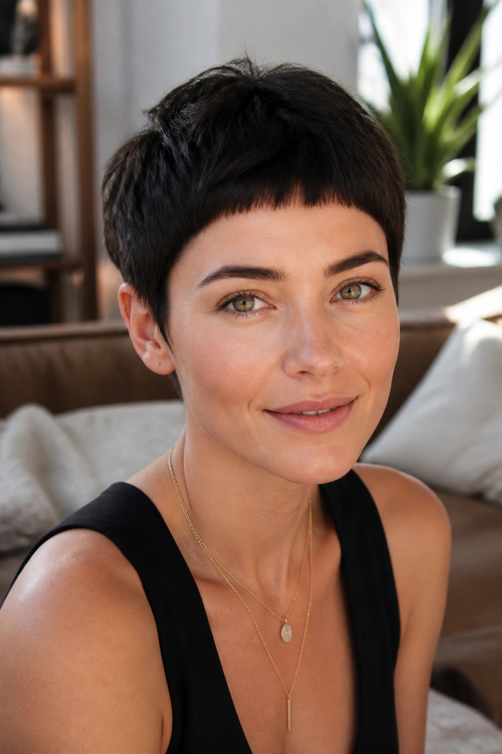 Close-up of a real woman with micro-bang pixie haircut in natural window light