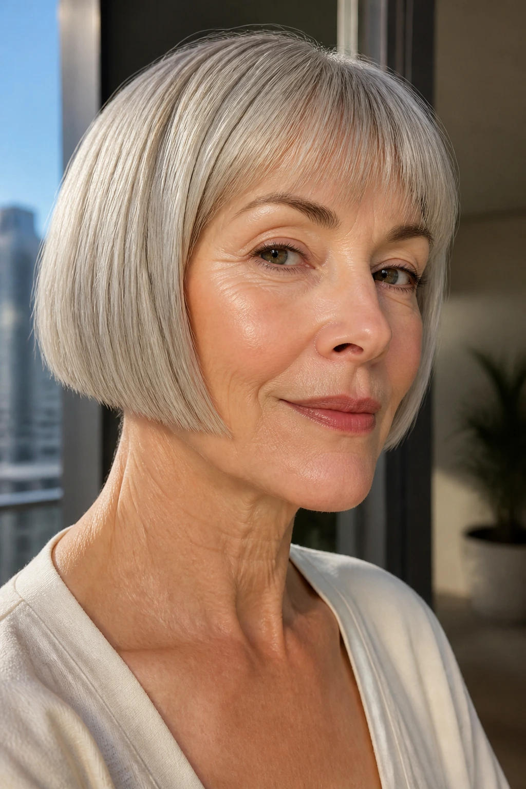 Woman with a sharp-line micro bob in a modern sunlit setting